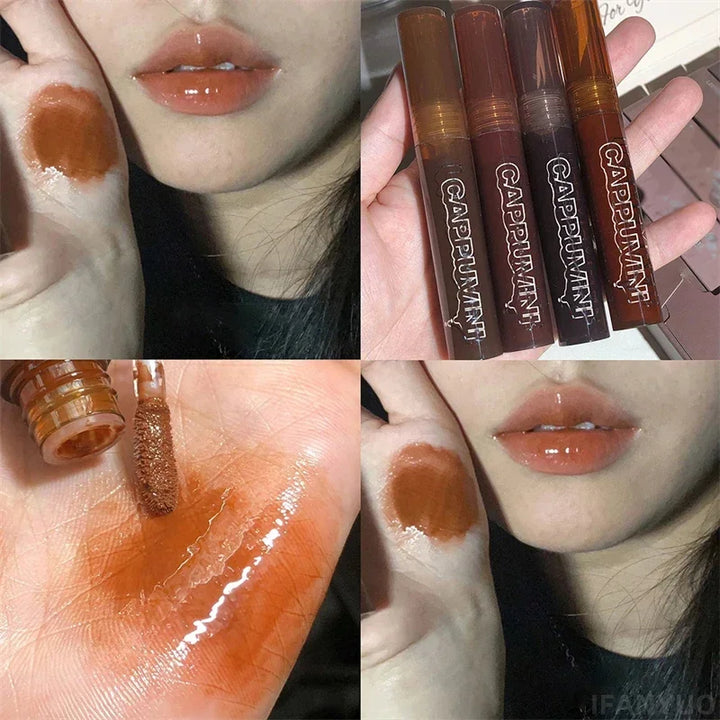 Rynx | Chocolate lip gloss long-lasting moisturizing dark brown lip lacquer transparent glass mirror water liquid lipstick clear makeup