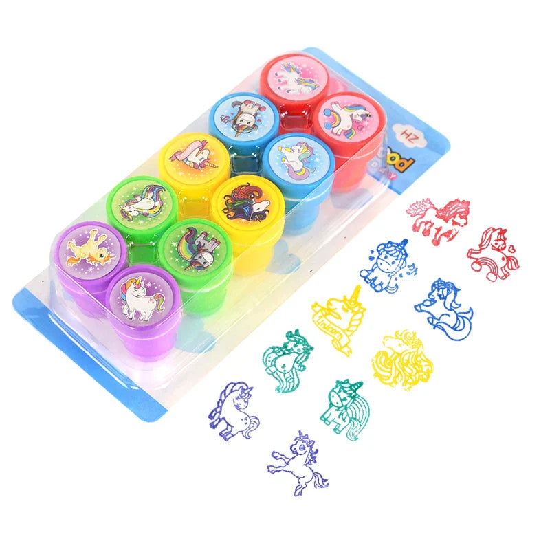 Rynx 10pcs Cartoon Animal Unicorn Self-Inking Stamp Toy Kids Birthday Party Gifts Goodie Bag Pinata Filler Boy Girl Christmas Gift