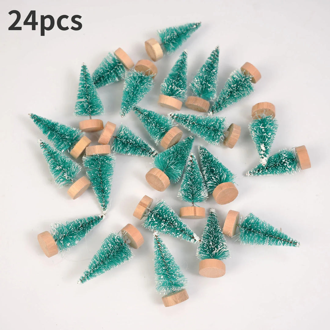 Rynx | 24 pieces, Mini Christmas sisal snow frost tree with wooden bottle brush - Perfect desktop tree for Christmas party and home decor