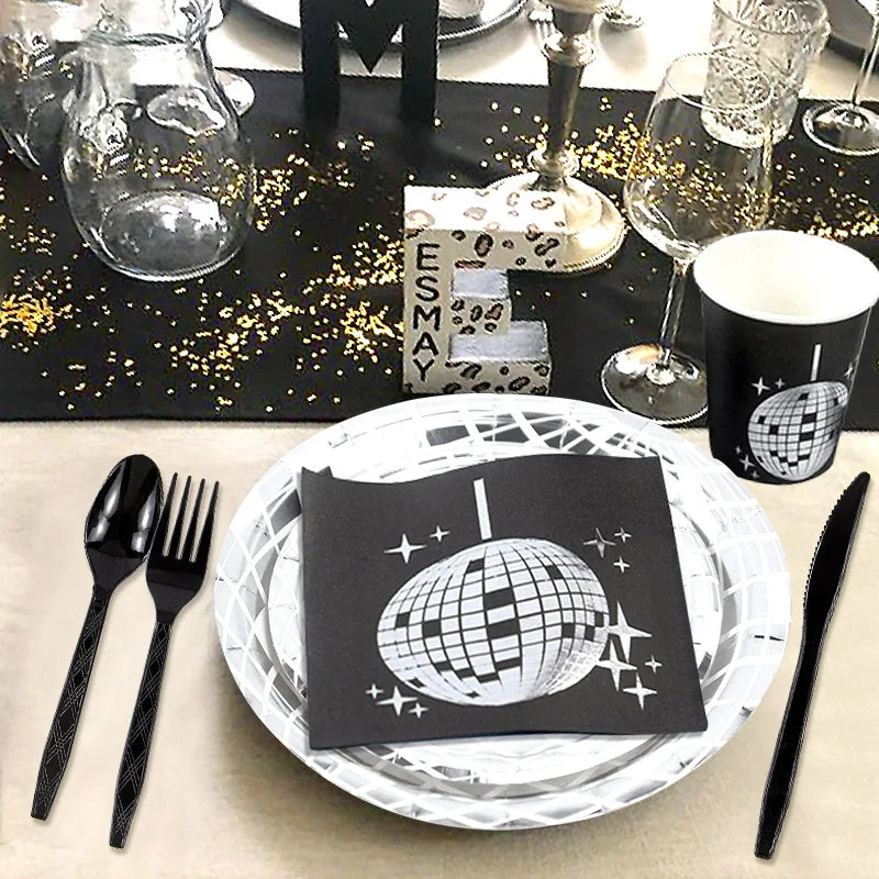Rynx Disco Theme Party Disposable Tableware Set Silver Disco Ball Plates Napkins Cups 70s Birthday Party Decoration Wedding Supplies