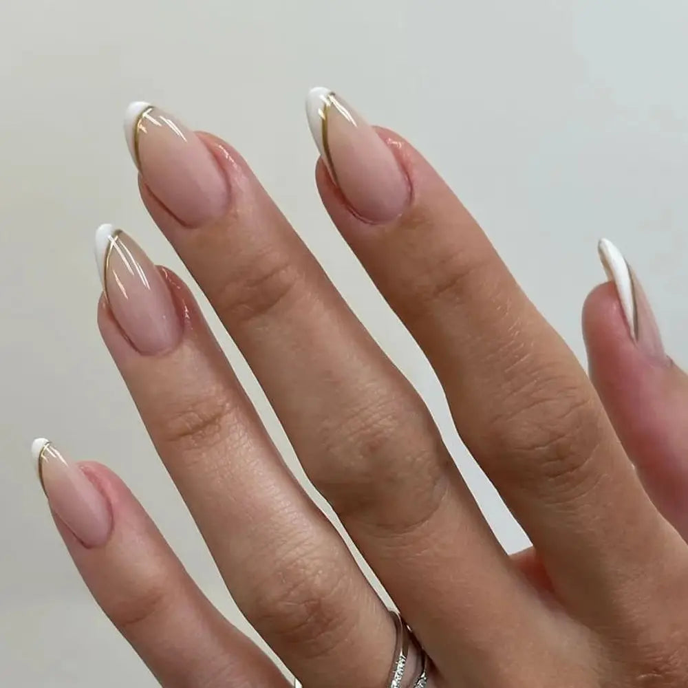 Rynx | Gold Metal French Nude Pink Nail Art Glitter Powder Fashion Artificial Nails Removable Pre-made Artificial Nails Press on Nails with Glue