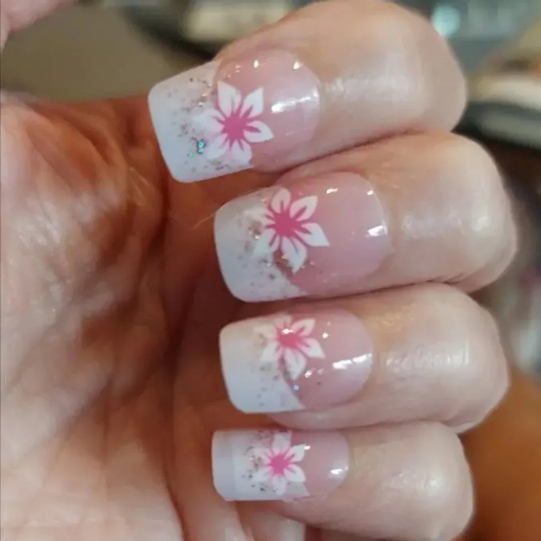 Rynx | 24 Piece Square Press-on Nails Set with Pink Flower Patterns Full Coverage Acrylic Nail Tips Glue for Stylish Women/Girls