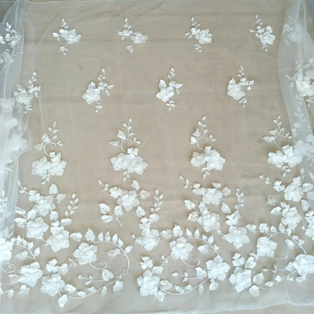 Lisslune | Elegant Ivory 3D Lace Fabric for Couture Wedding Dresses - 130cm wide, Price per Yard
