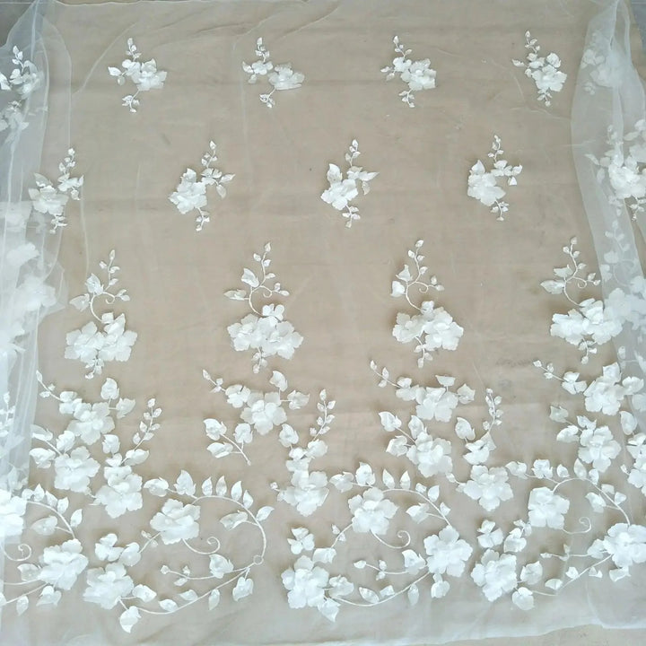 Lisslune | Elegant Ivory 3D Lace Fabric for Couture Wedding Dresses - 130cm wide, Price per Yard