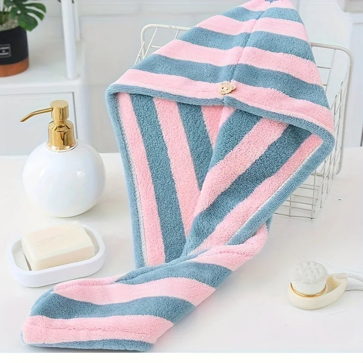 Rynx | Two-tone striped coral fleece hair dryer cap water-absorbent shower cap quick-drying hair towel bathroom supplies