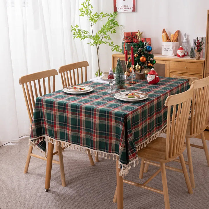 Rynx Christmas Grid Tablecloth with Fringes Rectangular Polyester Cotton Dustproof Table Surface Cover, for Home Celebration Birthday Decor