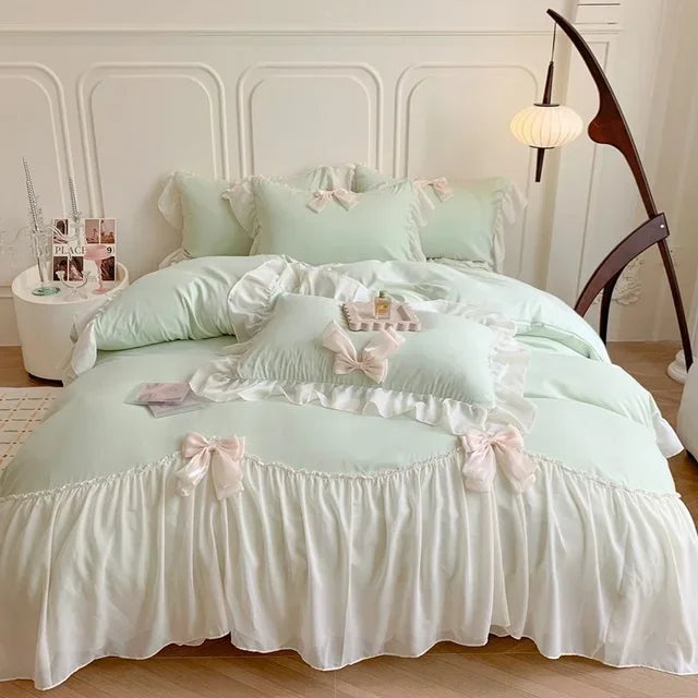 Rynx | Korean Princess Lace Bedding Set Beautiful Solid Color Lace Plush Duvet Cover Luxury Girls Wedding Home Textiles Bed Sheet Cover
