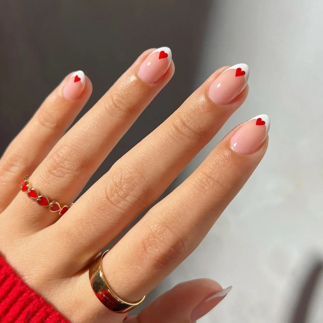Rynx | Red Love Heart French Sweet Nail Art Nude Pink Artificial Nails Removable Finished Fingernails Valentine's Day Gift Press-on Nails With Glue