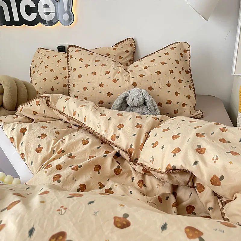 Rynx | Bedding Set Double-Layered Yarn INS Girl Mushroom Soft Washed Cotton Duvet Cover Queen King Size Bedding Pillowcase Bed Sheet