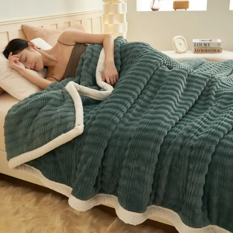 Rynx Artificial Rabbit Plush Autumn Winter Warm Blanket Striped Fluffy Warmth Sofa Blankets Soft Absorbent Breathable Nap Blanket