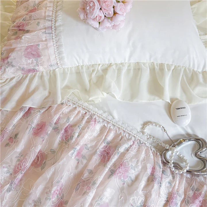 Rynx | Flower Lace Ruffle Princess Wedding Bedding Set Full Queen King Duvet Cover Bed Skirt/Bed Sheet/Fitted Sheet Pillowcases 4 Pieces
