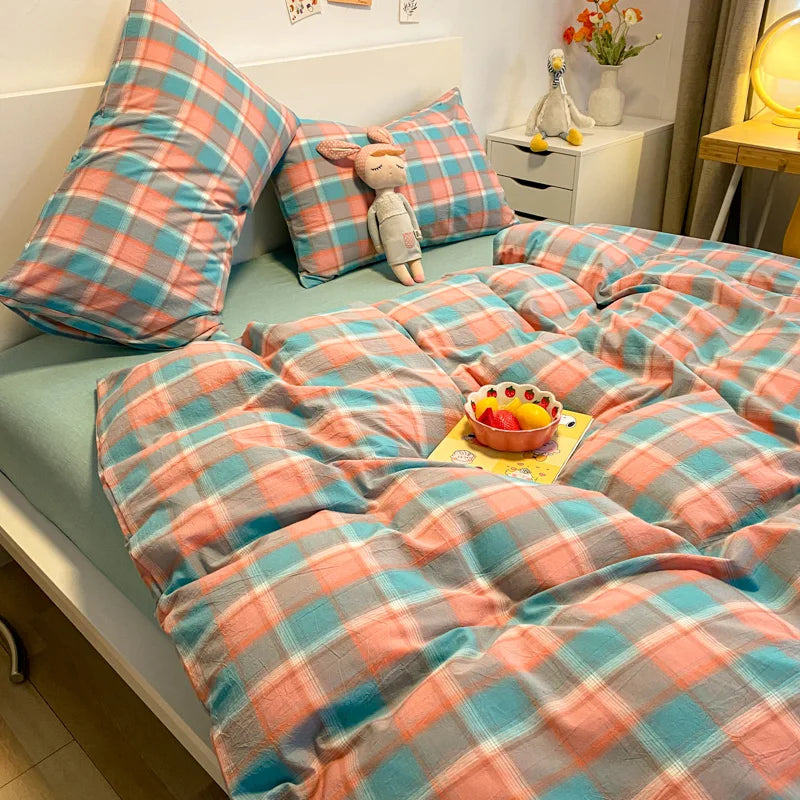 Rynx | Japanese Style 100% Cotton Soft Bed Linen Set Stripe Print Duvet Cover with Pillowcase Comforter Bedspread Pillowcase Sets