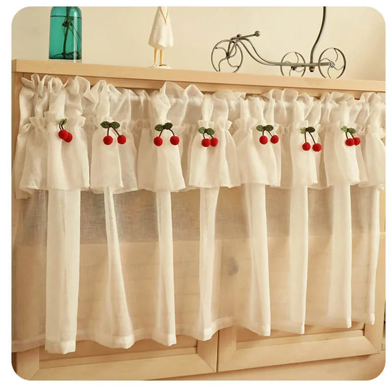 Rynx | Korean Style Fresh Linen Short Curtain for Kitchen Small Windows Half Curtain Cherry Decorative Curtain Tulle Door Curtain Drapery