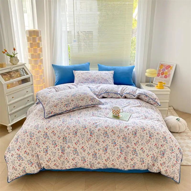 Lisslune | Ins Washed Double-Layer Garn Shell Stickerei Vier-Teiliges Bett Spannbettlaken