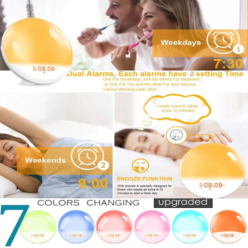 Lisslune | LumiRise | Alarm clock with sunrise light | Color change & FM radio | Calendar & time display