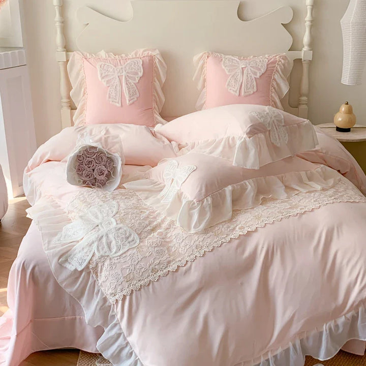 Rynx | Korean Princess Bedding Set Coquette Lace Bow Beauty Solid Color Lace Ruffle Comforter Sets Luxury Girls Wedding Duvet Cover