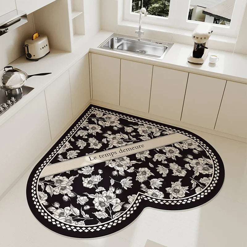 Rynx | Beige Cream Style Heart Pattern Kitchen Mat Irregular Water Absorbent Decorative Mat Easy to Clean Cuttable PVC Carpet