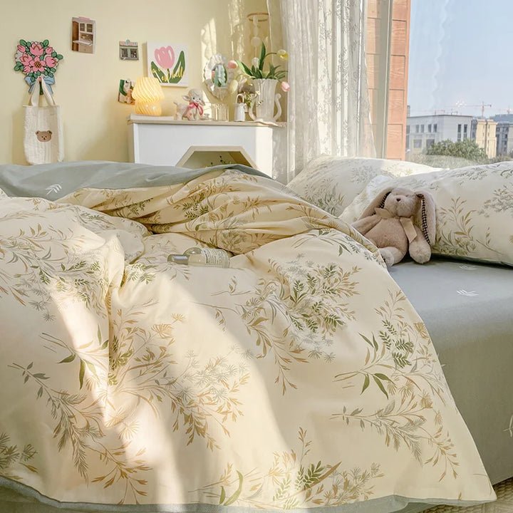 Rynx | Simple Leaf Floral Printed Duvet Cover Set with Leaf Pillowcases Without Filling Soft Bedding Full Queen Size Women Home Bedding