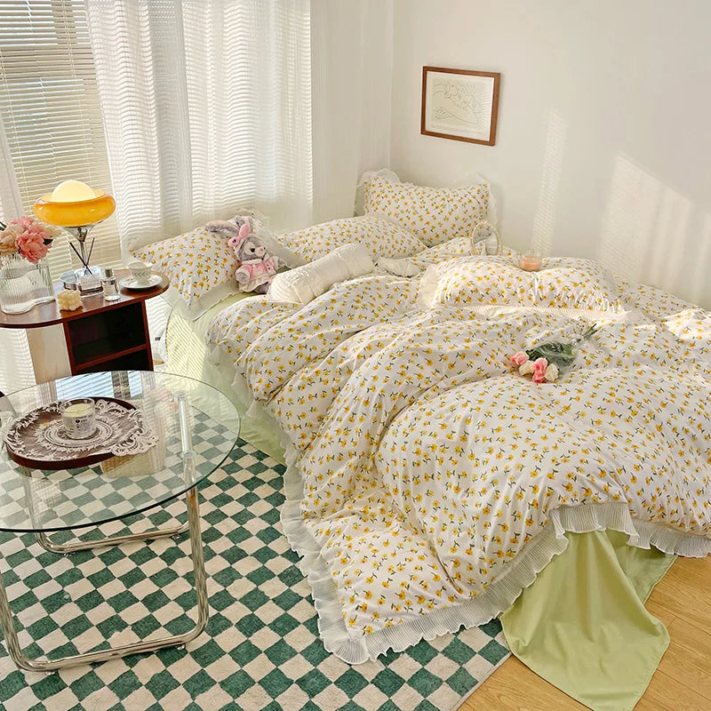 Rynx | Floral Style 100% Cotton Printed Soft Bed Linen Set Duvet Bedware Duvet Pillowcase Flat Sheet Comforter Set for Girls