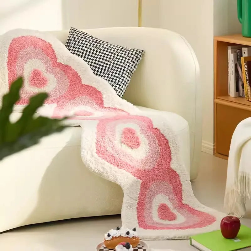 Rynx | Longer Tufting Pink Living Room Rug Heart Shape Bath Mat Rug Next to the Bed Soft Bedroom Bathroom Mat Floor Mat Aesthetic Home Décor