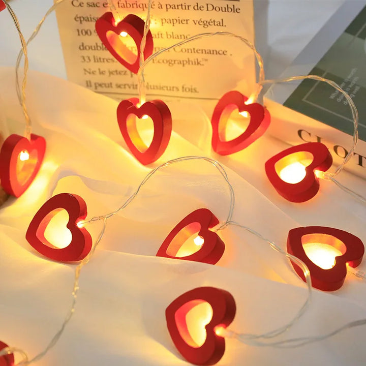 Rynx | 10 LED Love Heart String Lights Valentine's Day Wooden Light Garland LED String Lights Wedding Party DIY Decoration Supplies Props