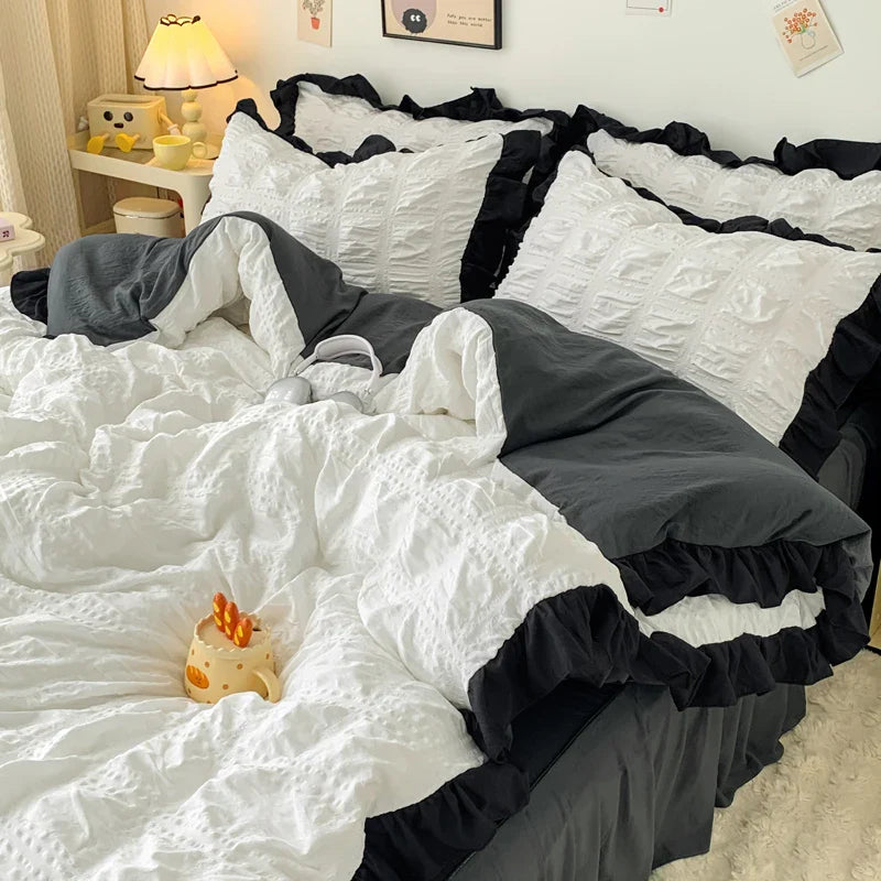Rynx | Bubble Yarn Seersucker French Style Princess Lace Bedding Set Duvet Cover Set Bed Skirt Queen For Girls Decor Home