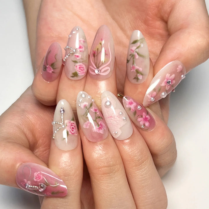Rynx | Cute Small Flowers Nude Color Nail Art Simple Style Artificial Nails Removable Ready-made Artificial Nails To Stick On with Glue