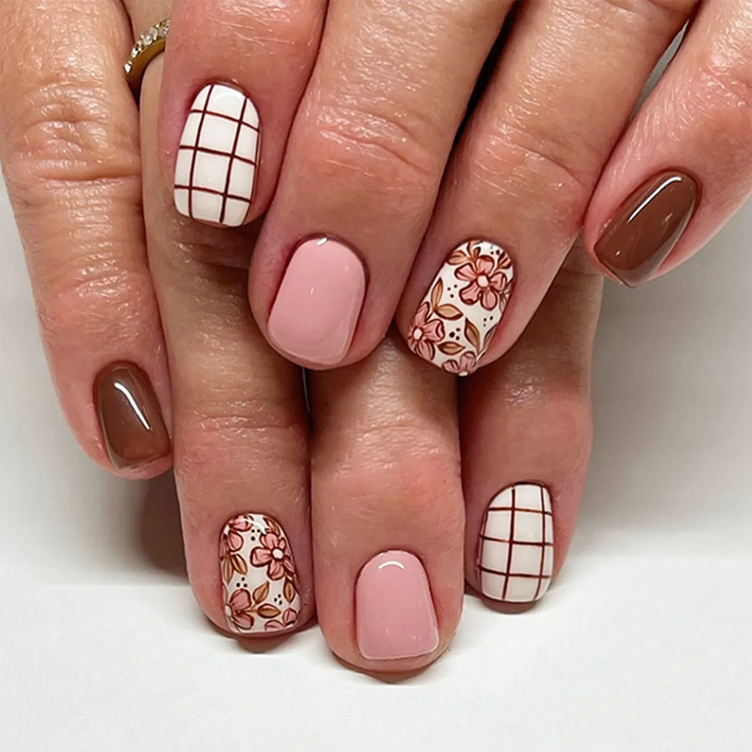 Rynx | Striped plaid pattern Pink flower nail art Simple fashion Spring artificial nails Removable ready-made fingernails press-on nails with glue