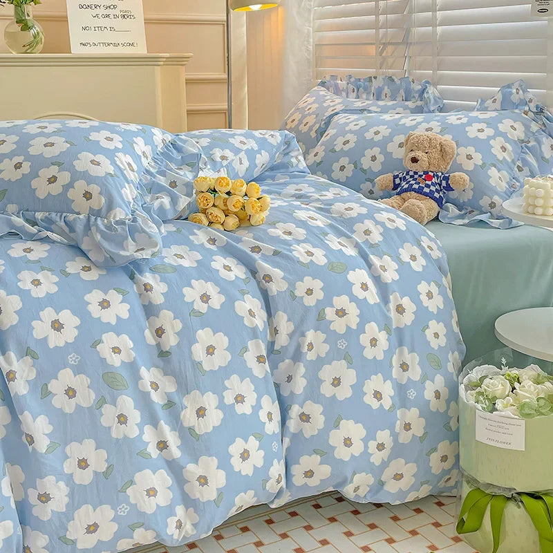 Rynx | Pastoral Girl Bedding Sets Soft Washed Cotton Bedding Princess Comforter Sheets Simple White Flower Bedspread Home Textiles