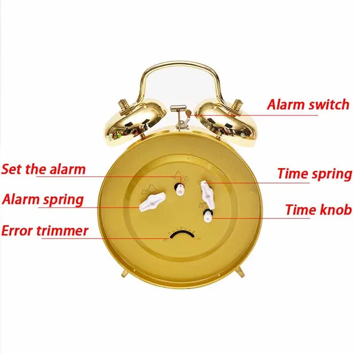 Rynx | Metal Mechanical Alarm Clock Creative Desk Nightstand Table Clock Alarm Bedroom Decoration Accessories Battery Operated