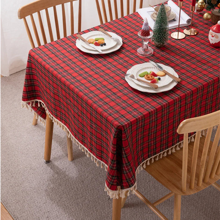 Rynx Christmas Grid Tablecloth with Fringes Rectangular Polyester Cotton Dustproof Table Surface Cover, for Home Celebration Birthday Decor