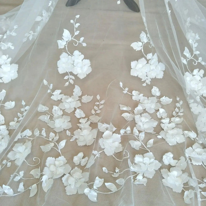 Lisslune | Elegant Ivory 3D Lace Fabric for Couture Wedding Dresses - 130cm wide, Price per Yard