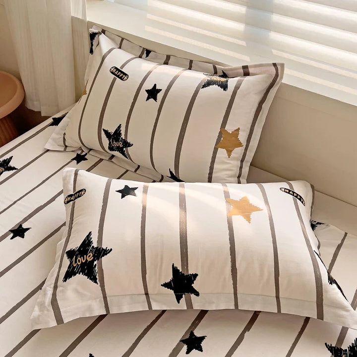 Rynx | Black Striped Duvet Cover Stars Printed Soft Pure Cotton Bedding for All Seasons Elegant Classic Stripe Pattern Duvet Covers