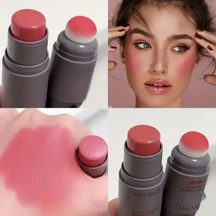 Rynx | Double-Head Sponge Monochrome Powder Blusher Lip and Cheek Dual-Use Durable Matte Natural Blush Powder Blusher Stick Light Natural