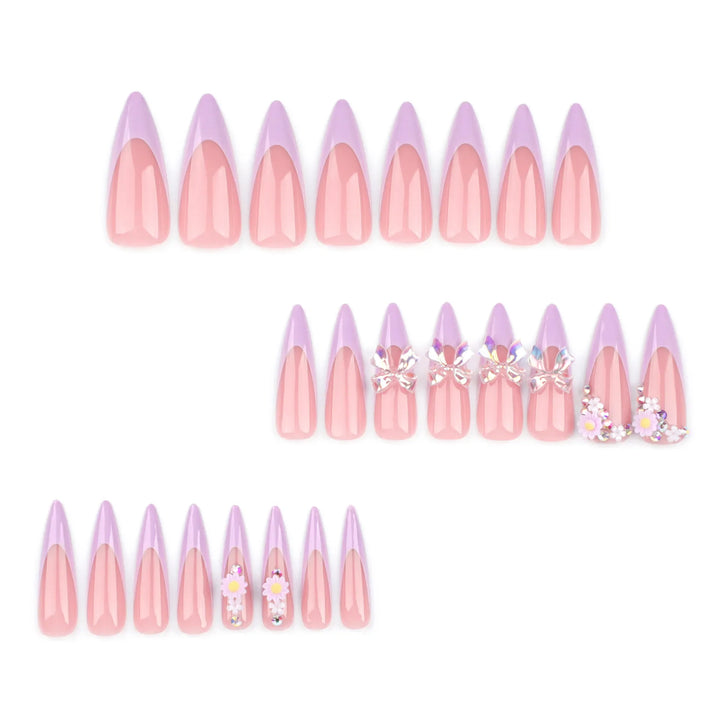 Rynx | Purple French Aurora Bow Flower Rhinestone Long Lace False Nails Removable Ready Artificial Nails Press-on Nails with Glue