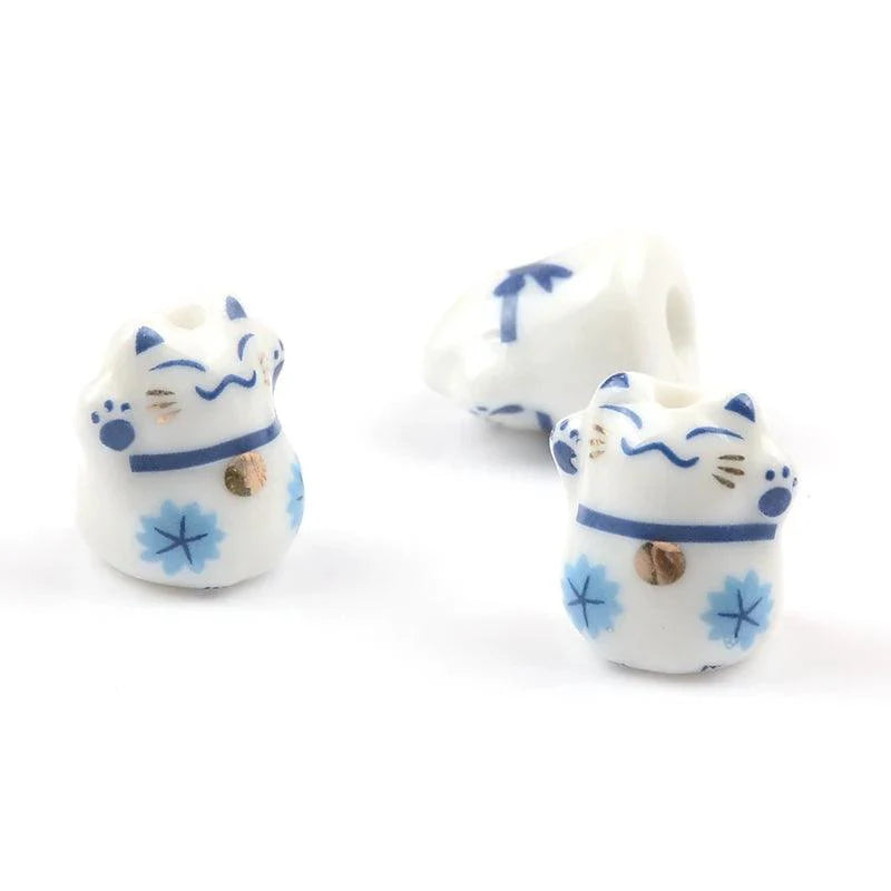 Lisslune | Playful Lucky Cat Ceramic Beads Set for Unique Jewelry Creations - 4 Pieces (13x14mm)