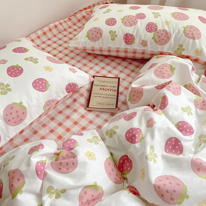 Rynx | Kawaii Pink Strawberry Duvet Cover Set without Filling Fashion Bedding Full Size Queen Size Luxury Home Textiles for Girls Bedding