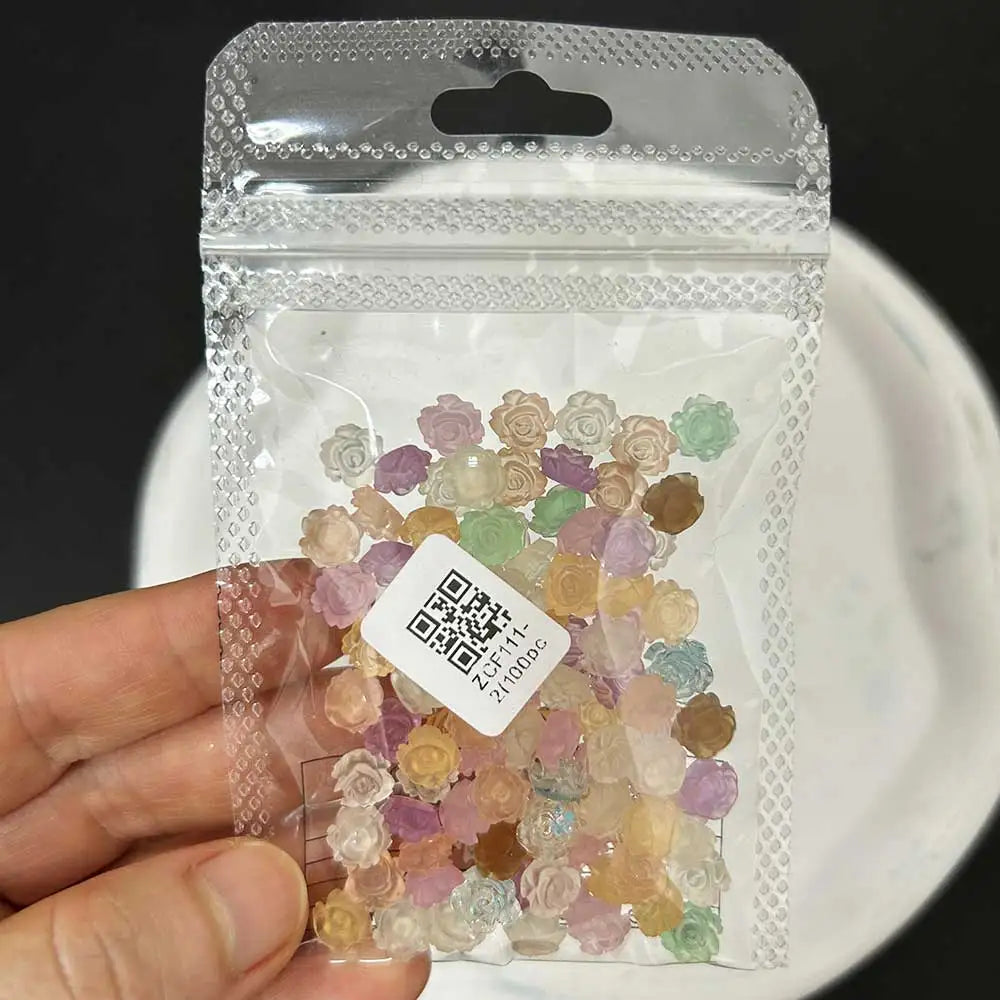 Rynx | 100 pcs. Light purple glitter camellia rose nail art charms 7.5/6mm flat back resin nail decoration sweet flowers nail supplies