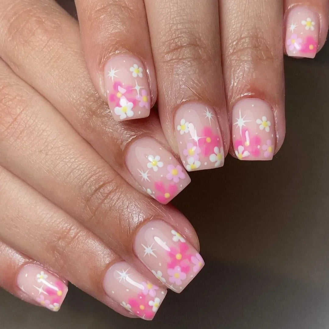 Rynx | 24 Piece Square Press-on Nails Set with Pink Flower Patterns Full Coverage Acrylic Nail Tips Glue for Stylish Women/Girls
