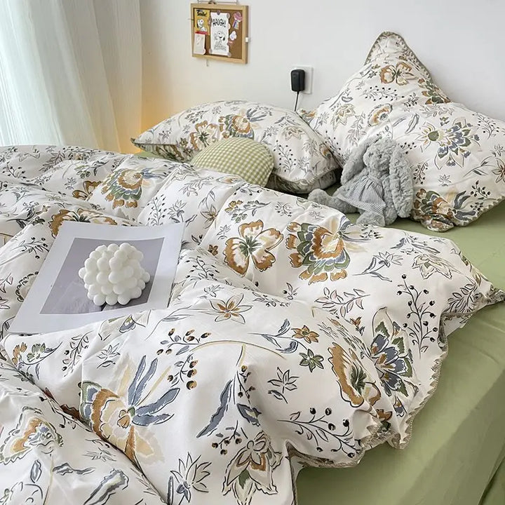 Rynx | Bedding set INS Girls Cherry Soft washed cotton bed sheet Queen King size duvet set Comforter set pillowcase bedding