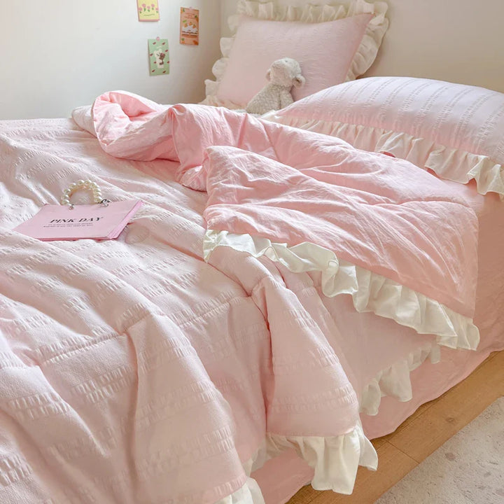 Rynx | Korean Princess Style Summer Cool Quilt Comforter Soft Seersucker Lace Ruffle Summer Thin Quilt Blanket Machine Washable