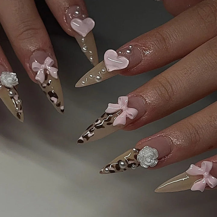 Rynx | Brown Leopard Gradient French Nail Art Red Bow Pearls False Nails Removable Ready-Made False Nails To Stick With Glue