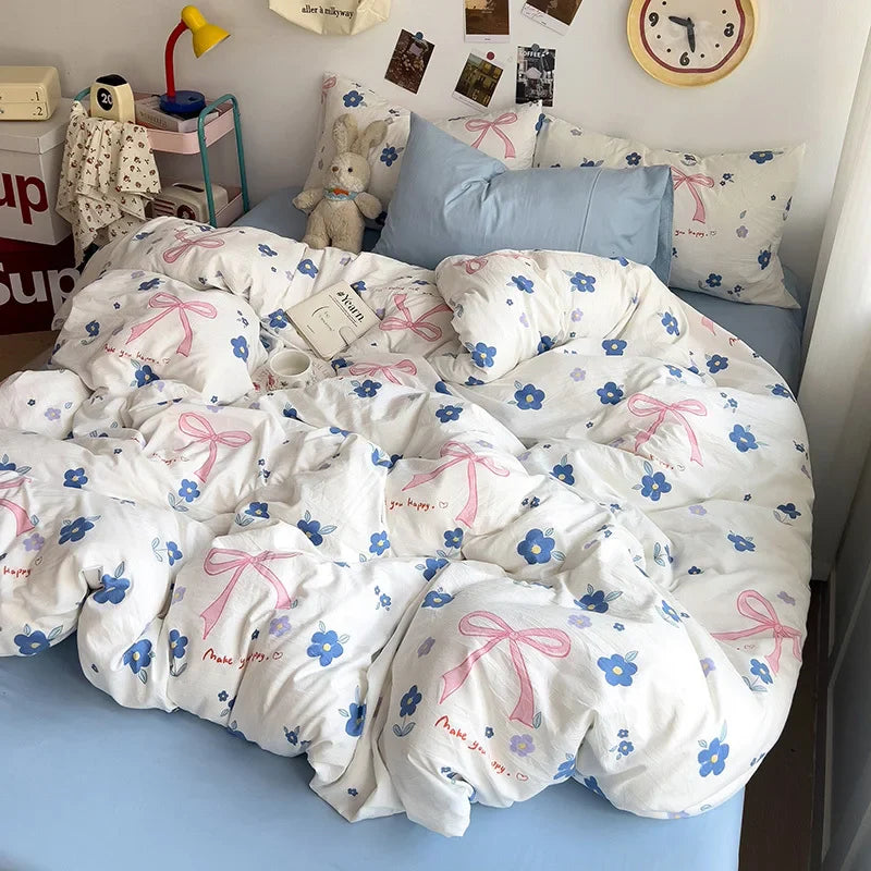 Rynx | Bedding Bedding Set A-Class Washed Cotton Four-Piece Bed Sheet Set Comfort Sets Solid Color Pair Duvet Cover Home Textiles