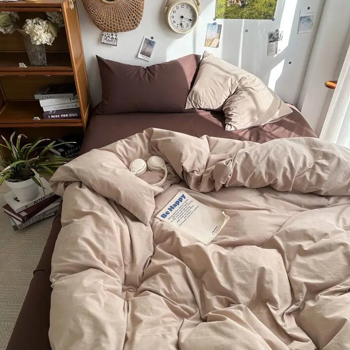 Rynx | Bedding Set Ins Ambiance Blue Coffee Grid Mixed With Washed Cotton Minimalist Four-Piece Set Fitted Sheet Duvet Cover