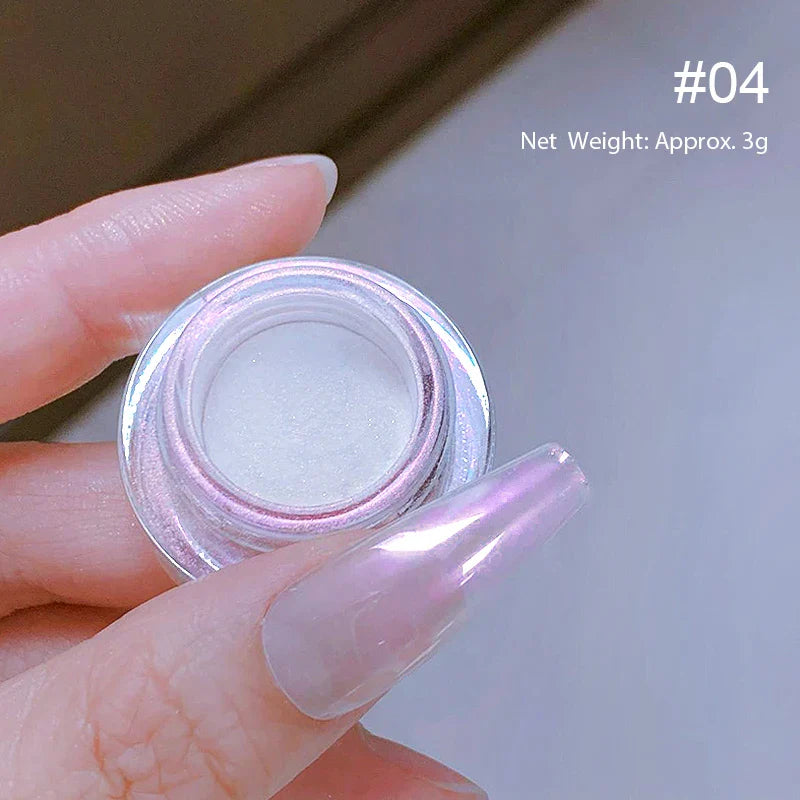 Rynx | Aurora Pearl White Nails Glitter Dust Chrome Gradient Rubbing on Powder Mirror Reflective Magnetic Pigment Nail Art Decorations