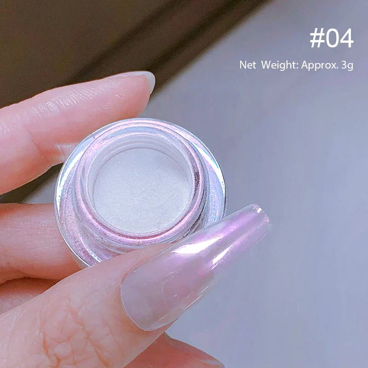 Rynx | Aurora Pearl White Nails Glitter Dust Chrome Gradient Rubbing on Powder Mirror Reflective Magnetic Pigment Nail Art Decorations