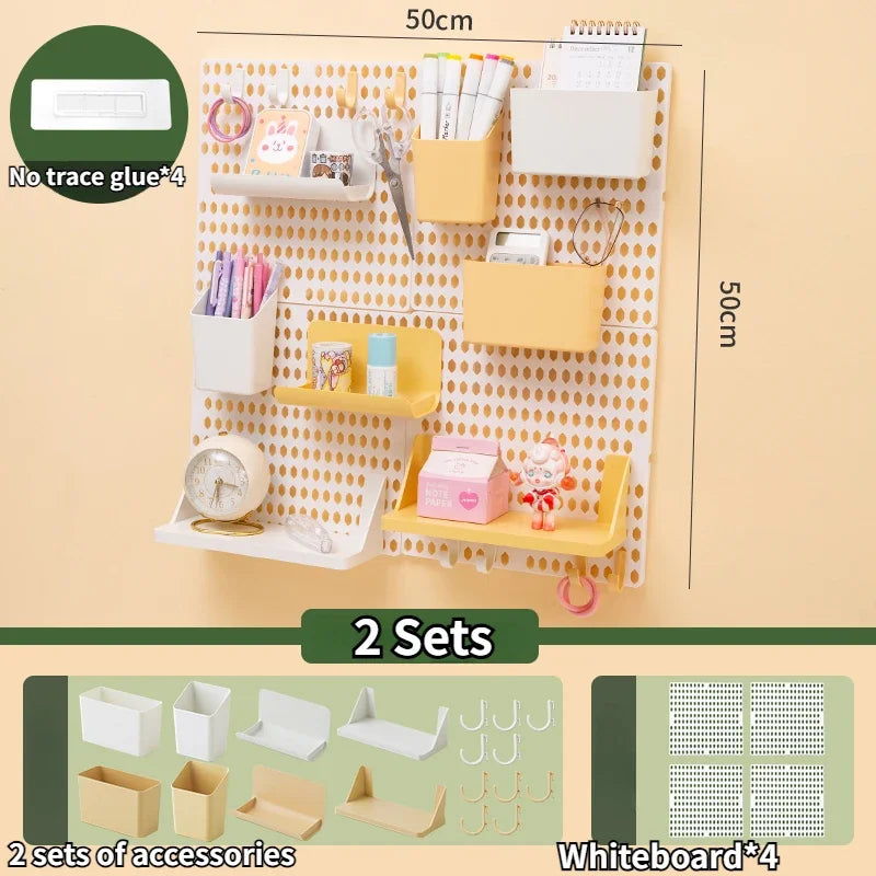 Rynx | Perforated Board Dormitory Wall Shelf Kawaii Home Decor No Drill Adhesive Student Study Wall Mounted Storage Shelf Organizer