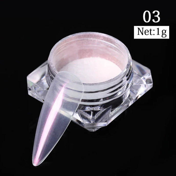 Rynx | Aurora Pearl White Nails Glitter Dust Chrome Gradient Rubbing on Powder Mirror Reflective Magnetic Pigment Nail Art Decorations
