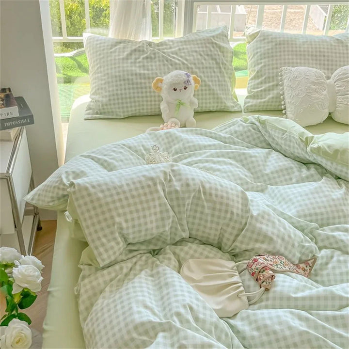 Rynx | New Fashion Bedding Set Ins Floral Single Double Size Duvet Cover Bed Sheet Pillowcase Grid Solid Color Home Girls Bedding