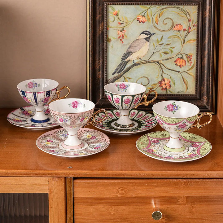 Rynx | Ceramic cup and saucer High coffee cup Palace Vintage Flower Handmade cup saucer set Golden handle Elegant drinking utensils